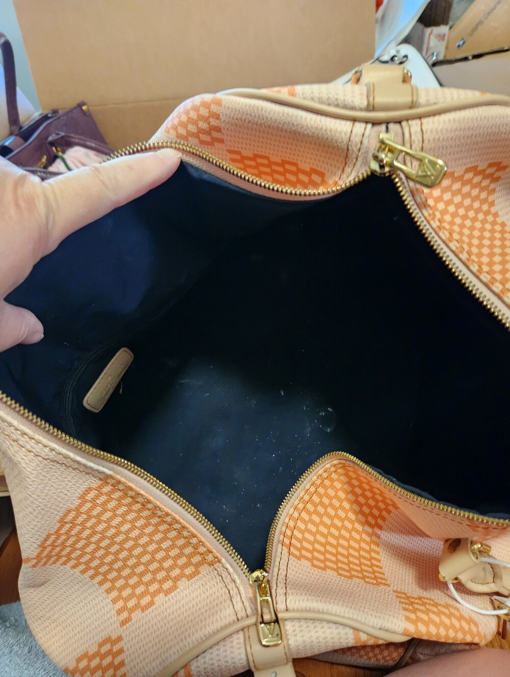 Designer-Inspired Orange Check Canvas Tote Bag with Cream Trim Louis - Picture 5 of 6